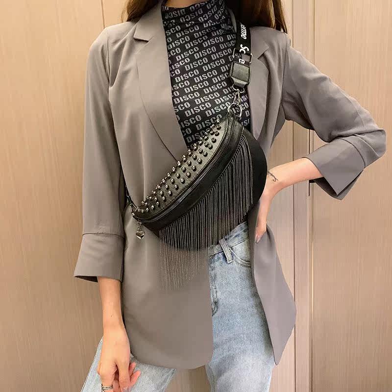 2025新款夏季斜挎腰包铆钉单肩包小香风潮包宽带百搭流苏包包女,箱包皮具/热销女包/男包,马鞍包,淘宝优惠券,粉丝福利购,淘宝优惠卷