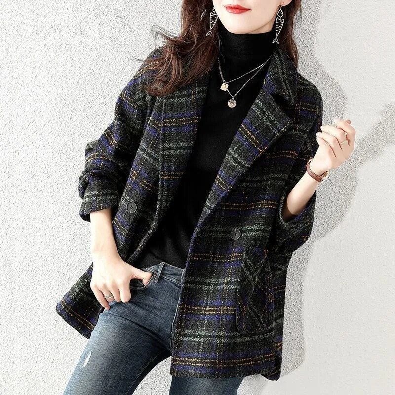 格子西装毛呢外套女秋季新款韩版毛呢外套