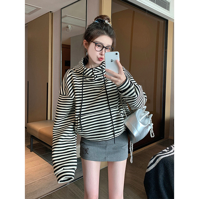 加绒连帽卫衣女2025秋冬新款韩版宽松条纹上衣设计感洋气减龄外套