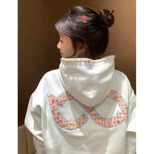 薄荷绿色贝壳织带贴布刺绣卫衣女秋冬加绒加厚韩系宽松松弛感外套