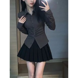 纯欲风甜辣褶皱收腰长袖 衬衫 套装 女秋冬高腰百褶半身裙小众polo衫