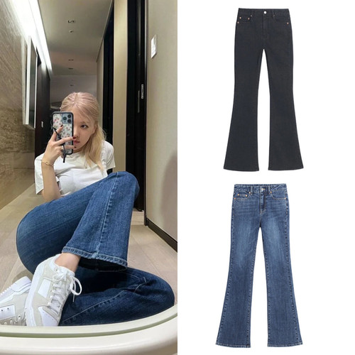 现货秒发INSTANTFUNK Rose朴彩英JENNIE同款纯色高腰微喇叭牛仔裤