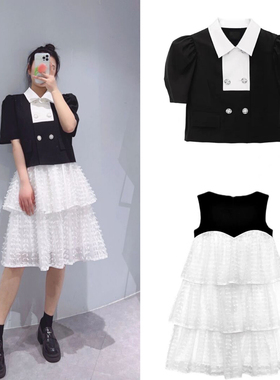 romanchic泡泡袖蛋糕连衣裙套装22新款撞色赫本小香风短袖外套