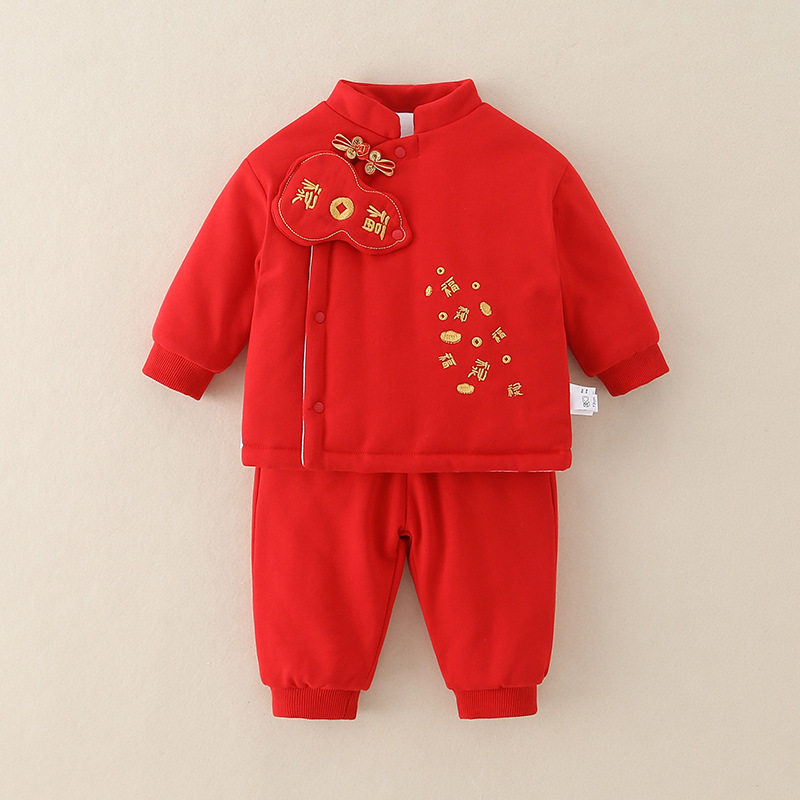 男宝中国风抓周礼服儿童秋冬夹棉红色年服套装过年唐装拜年服新年