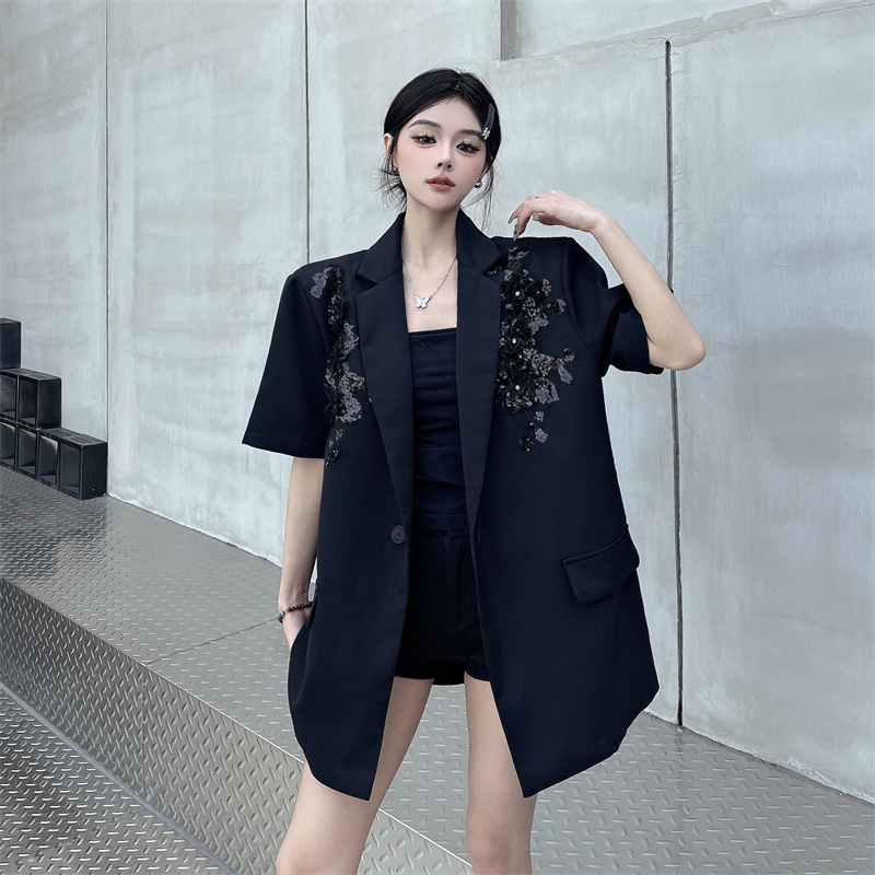 现货秒发，设计感亮片绣花夏季韩版宽松休闲气质短袖西装外套上衣