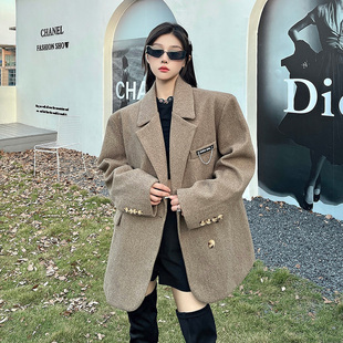 新款 外套女秋冬季 宽松高级感加厚毛呢上衣 驼色呢子西装 现货现货
