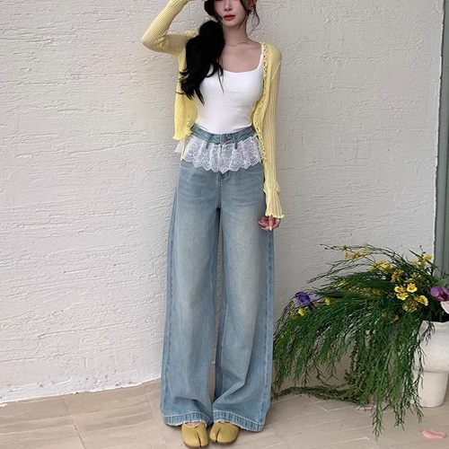 李李服饰甜美蕾丝花边拼接阔腿牛仔裤女2025夏款高腰宽松显瘦长裤