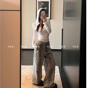 休闲裤 Skk 复古炸街做旧纯棉豹纹直筒阔腿裤 西野辣妹 女秋 Store