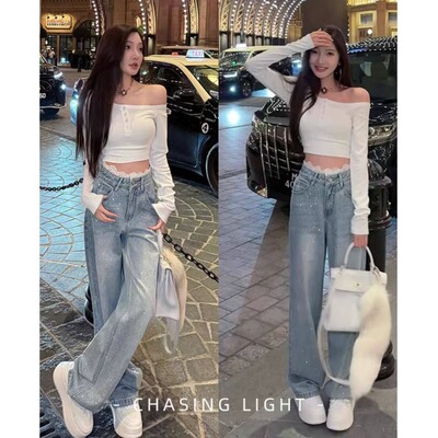 小侨JOFAY巴黎爆闪裤蕾丝烫钻高腰宽松直筒牛仔裤女2025新款
