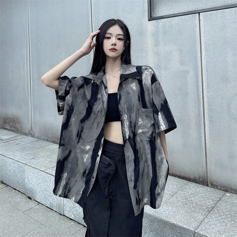 现货秒发，水墨扎染个性短袖衬衫夏季潮牌美式街头衬衣潮