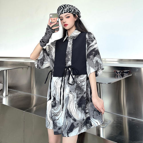 现货秒发~潮流ins复古泼墨晕染衬衫个性绑带马甲背心两件套衬衣夏