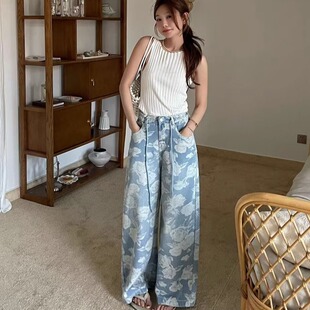高腰抽绳宽松直筒拖地裤 25夏薄款 欧货复古玫瑰印花阔腿牛仔裤