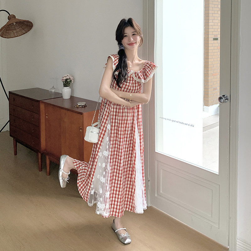 2025夏款新款格子拼接蕾丝连衣裙211-5805P135控198,女装连衣裙,浙宝211