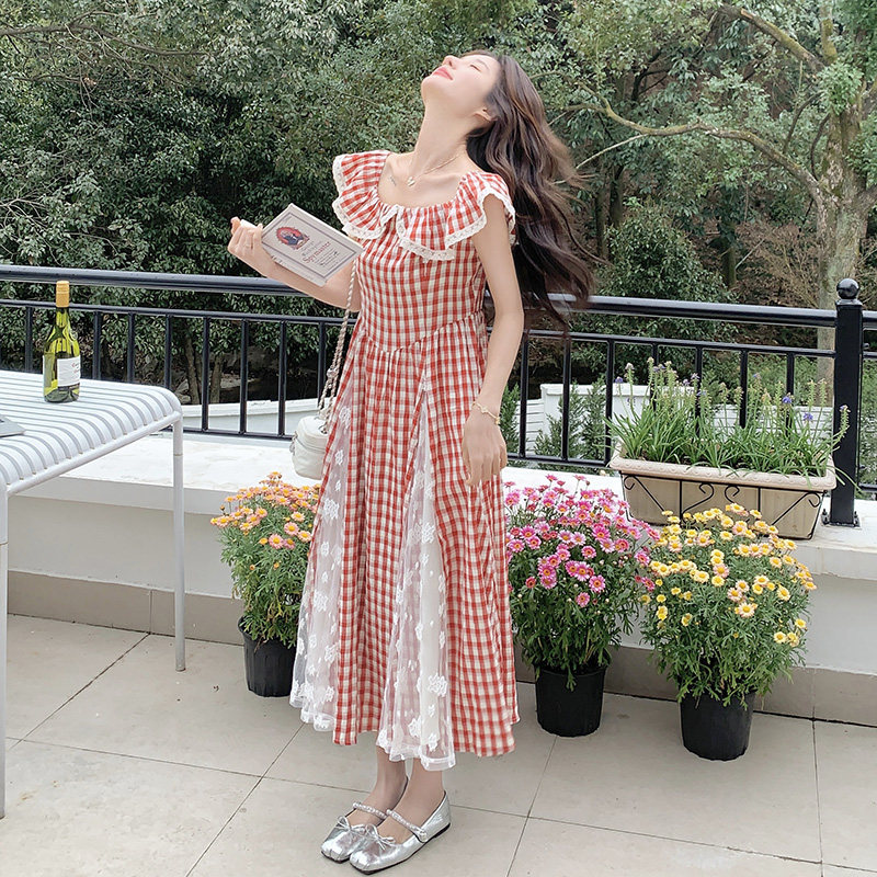 蕾丝拼接红色格纹连衣裙女夏2025新款甜美独特漂亮绝美多巴胺长裙,女装连衣裙,浙宝211