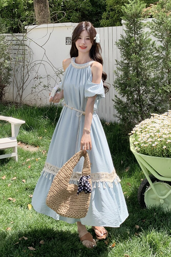 蓝色海边度假风露肩挂脖连衣裙女2025夏季新款气质超好看流苏裙子,女装连衣裙,浙宝211