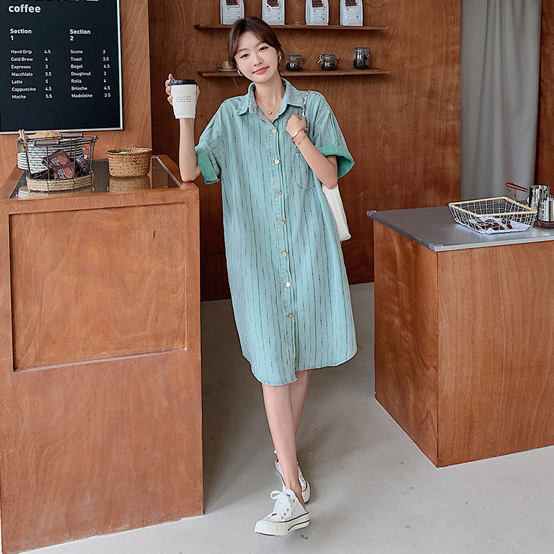 绿色条纹牛仔连衣裙女夏季2025新款港风复古chic宽松显瘦衬衫裙子,女装连衣裙,浙宝211