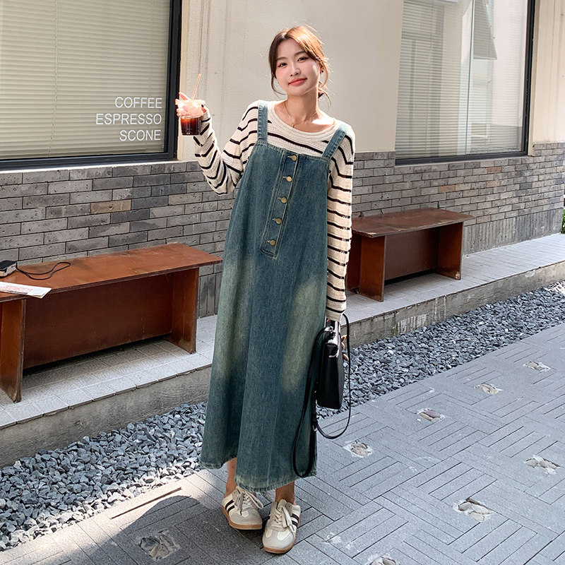韩系减龄牛仔背带裙女2024秋季新款复古条纹T恤吊带连衣裙两件套,女装孕妇装,浙宝211