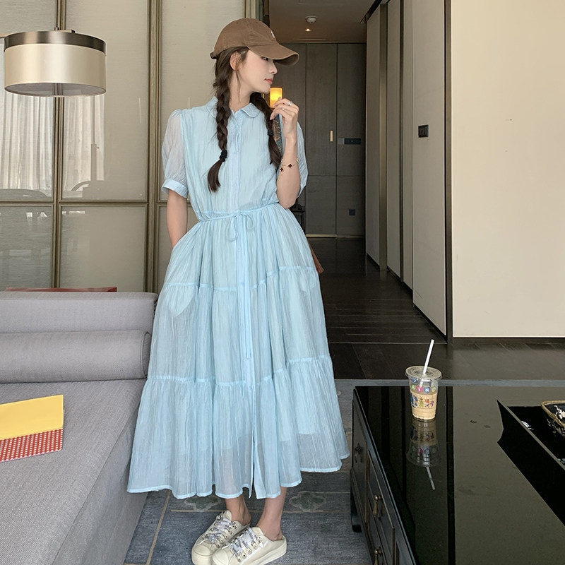 法式浪漫蓝色衬衫裙女夏季2025新款时尚高级感今年流行收腰连衣裙,女装连衣裙,浙宝211