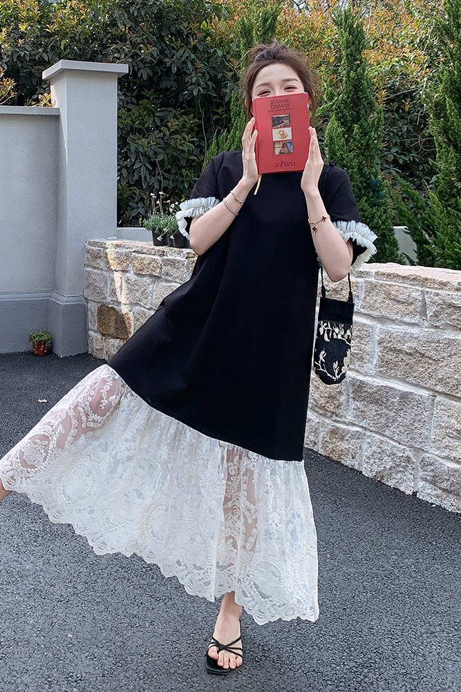 设计黑色宽松慵懒圆领t恤长裙女夏新款显瘦蕾丝拼接鱼尾连衣裙,女装连衣裙,浙宝211