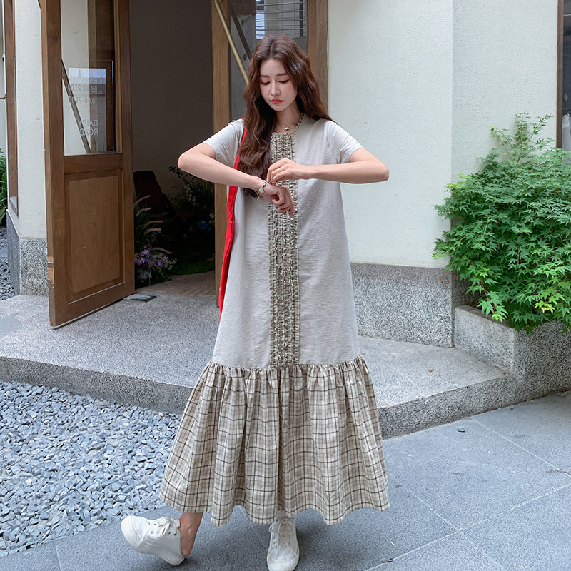 优雅日系复古宽松连衣裙女夏季2025新款设计感流行格纹拼接长裙潮,女装连衣裙,浙宝211