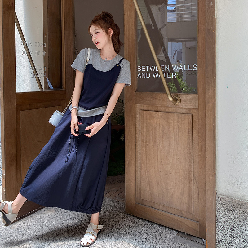 时尚假两件拼接T恤半身裙两件套女2025年夏季新款柔美设计套装裙,女装套装/套裙,浙宝211