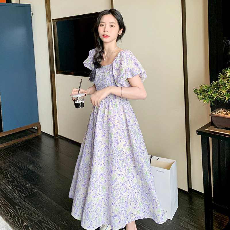 紫色一字领露肩碎花连衣裙女2023夏季新款法式今年流行别致收腰裙,女装连衣裙,浙宝211