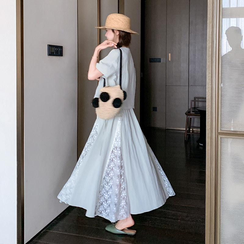 设计感蕾丝拼接半身长裙子套装女夏2025新款小个子独特漂亮两件套,女装套装/套裙,浙宝211