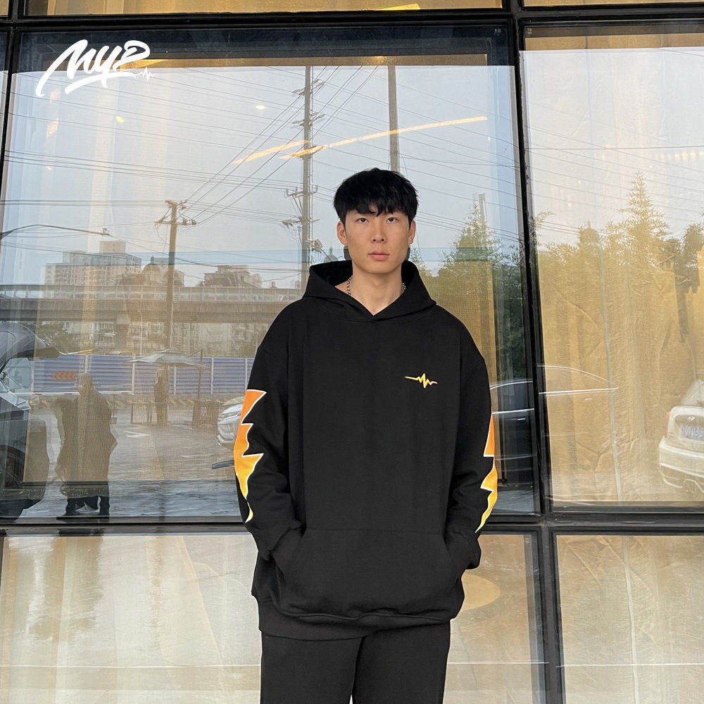 平常心同款闪电袖加绒连帽印花套头衫休闲潮流外套男装秋冬卫衣