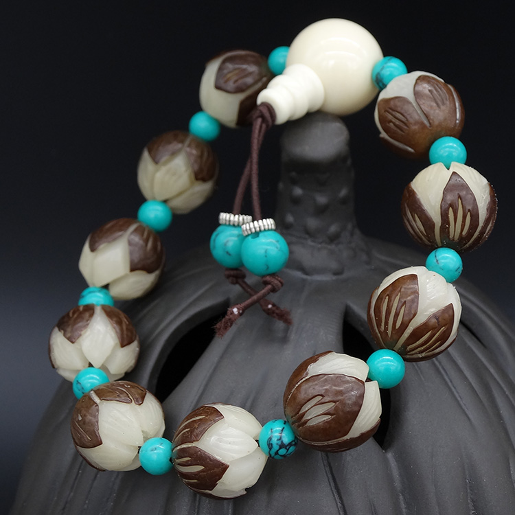 花菩提根莲花菩提子手串 花根菩提 佛珠手链 虎斑菩提雕刻莲花