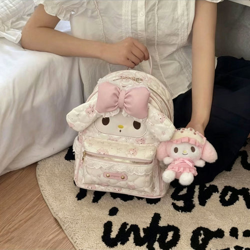 卡通兔子印花绗缝格子蕾丝双肩包