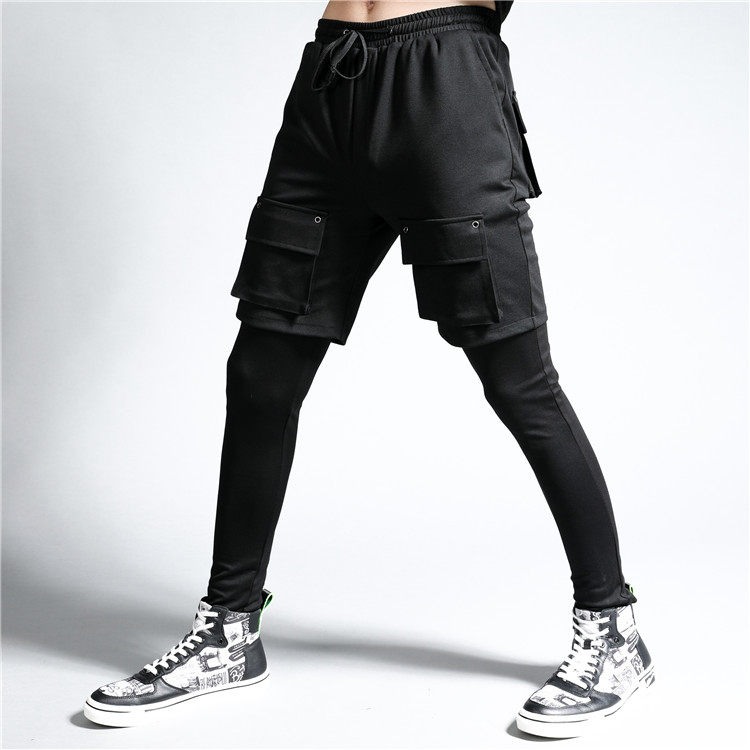 新款潮男百搭韩版休闲裤显瘦时尚青年小脚裤假两件束腿裤春季靴裤