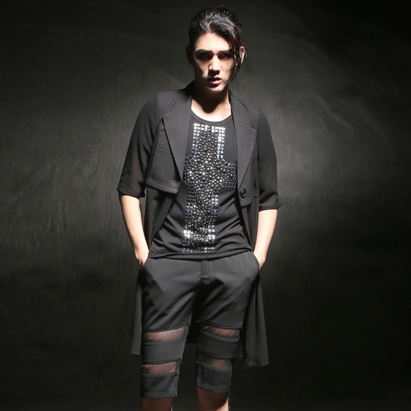 新款潮男夏季雪纺拼接中袖衬衫韩版男士修身中长款衬衫体恤防晒衣