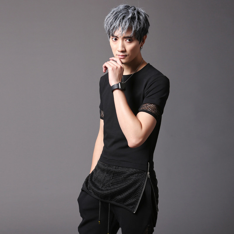 夏潮男弹力演出朋克套头非主流体恤修身假两件镂空短袖T恤打底衫