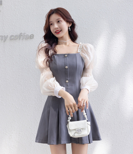 RM21288#新款收腰显瘦气质名媛小香风洋气方领法式连衣裙