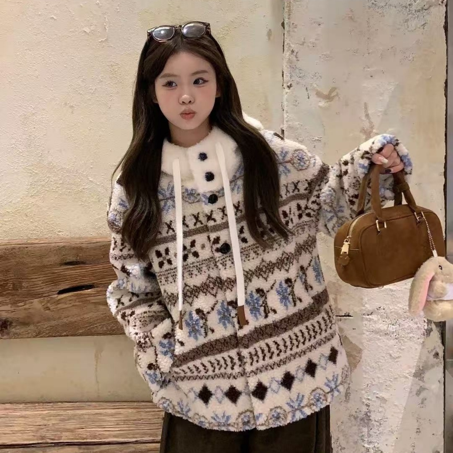 费尔岛羊羔毛连帽外套女2025新款