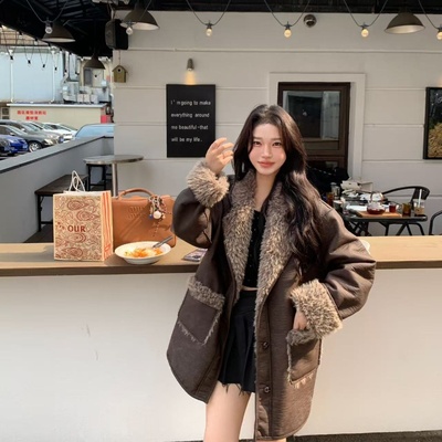 双面穿羊羔毛拼接厚外套女冬新款