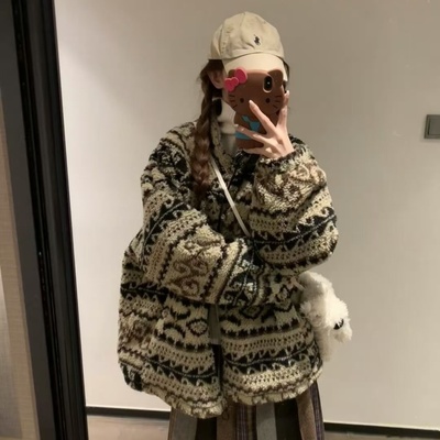 费尔岛雪花羊羔毛外套女减龄上衣