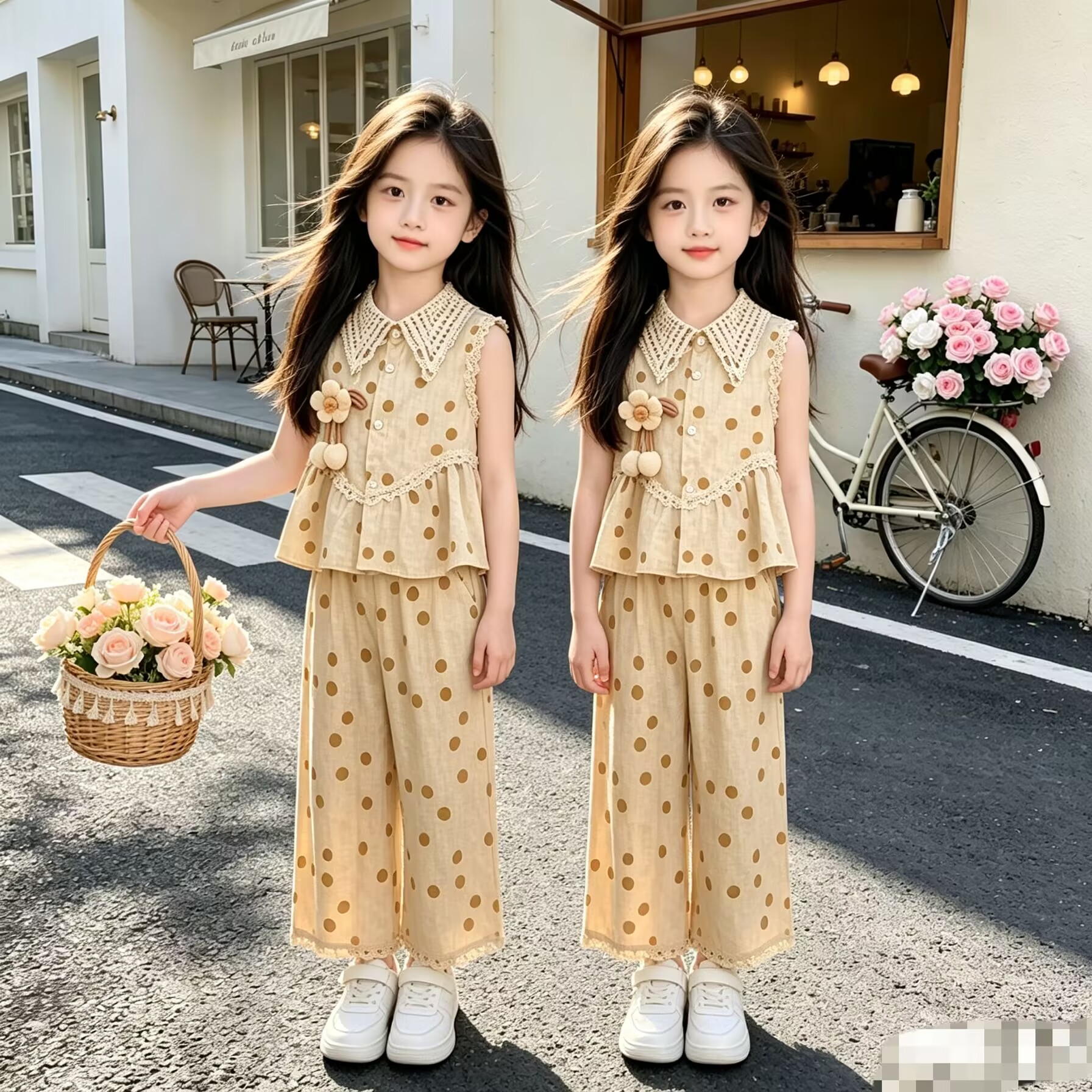 女童新款2026夏季新款洋气雪纺翻领圆点上衣阔腿裤套装儿童两件套