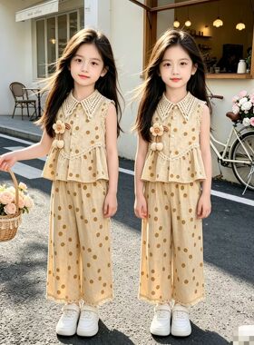 女童夏季雪纺翻领圆点阔腿裤套装