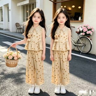 女童新款2026夏季新款洋气雪纺翻领圆点上衣阔腿裤套装儿童两件套