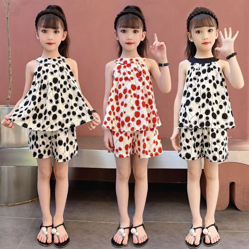儿童夏季套装女童短裤夏装挂脖两件套新款洋气网红衣服无袖套装夏