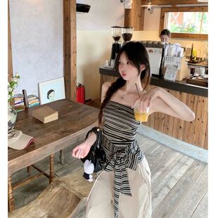 纯欲风抹胸高级感条纹短袖 收腰显瘦绑带甜辣设计感上衣 女2026夏季