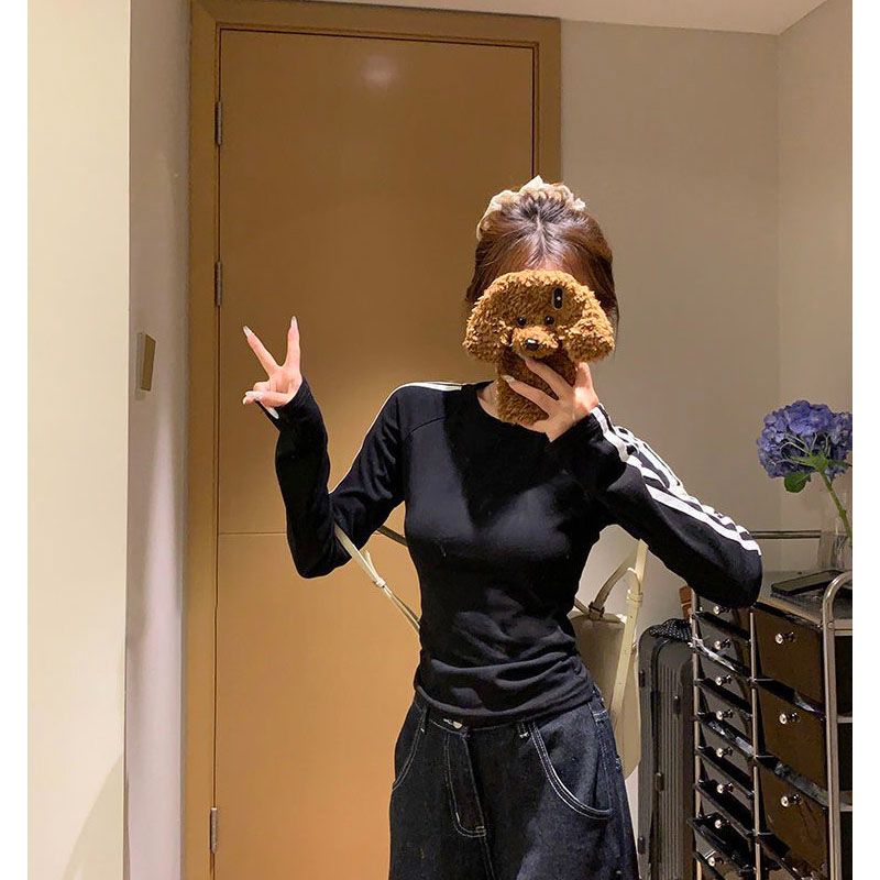 小个子短款bm条纹圆领打底衫长袖T恤女秋2025新款美式学院风上衣