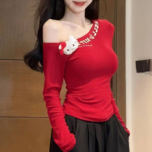 春秋美式辣妹风挂件长袖T恤女早秋露肩打底衫修身内搭短款T恤上衣