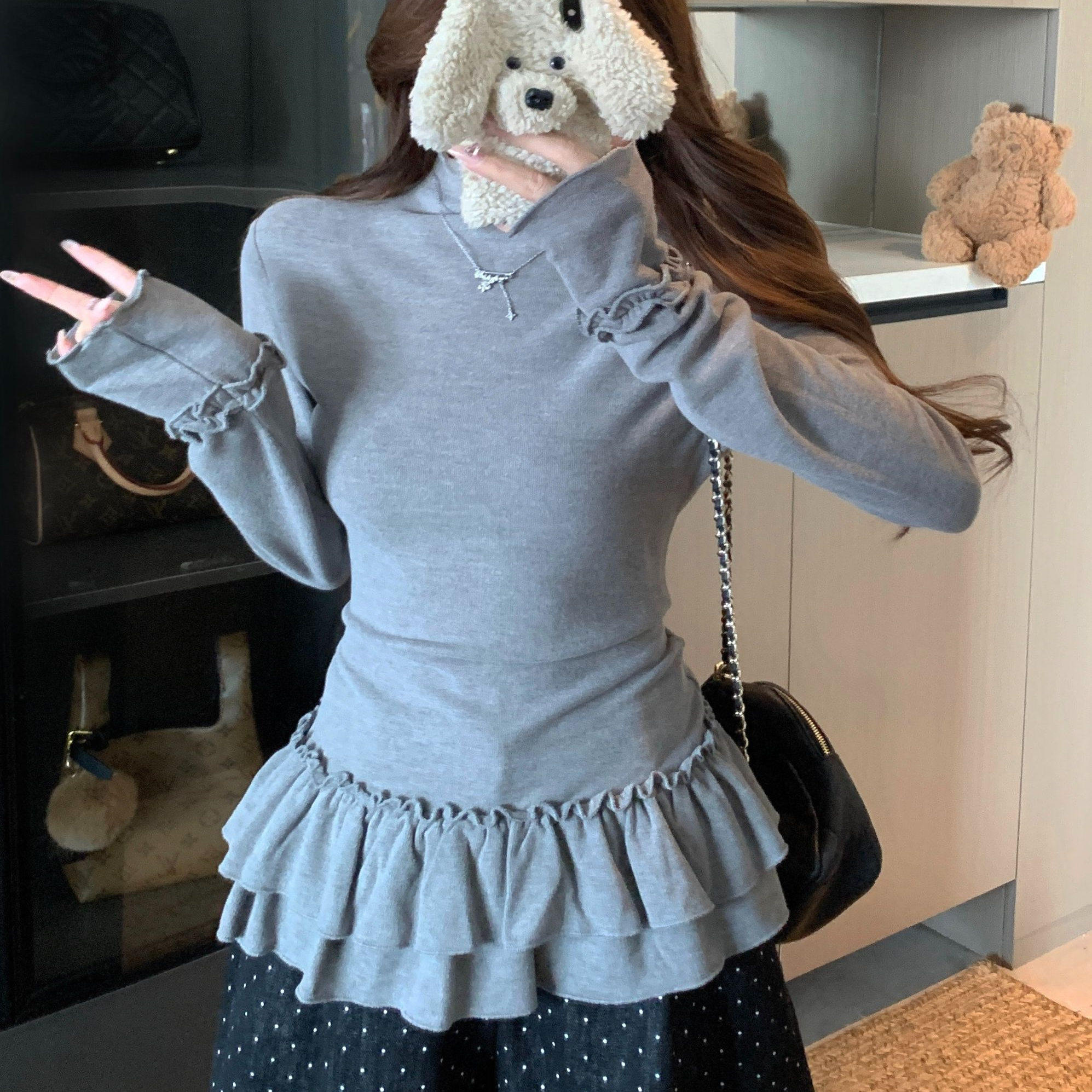 遮肚半高领长袖德绒磨毛花边T恤女百搭甜美风打底衫修身显瘦上衣,女装/女士精品,T恤,淘宝优惠券,粉丝福利购,淘宝优惠卷