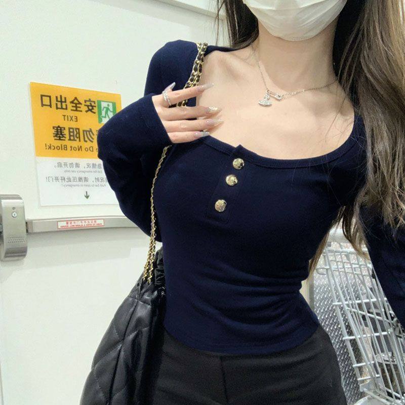 藏蓝色方领长袖T恤女早秋季2026新款修身显瘦内搭打底衫正肩上衣