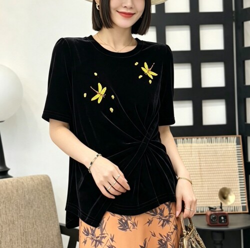 新中式国风时尚设计感刺绣提花短袖T恤女高级感气质园领小衫上衣