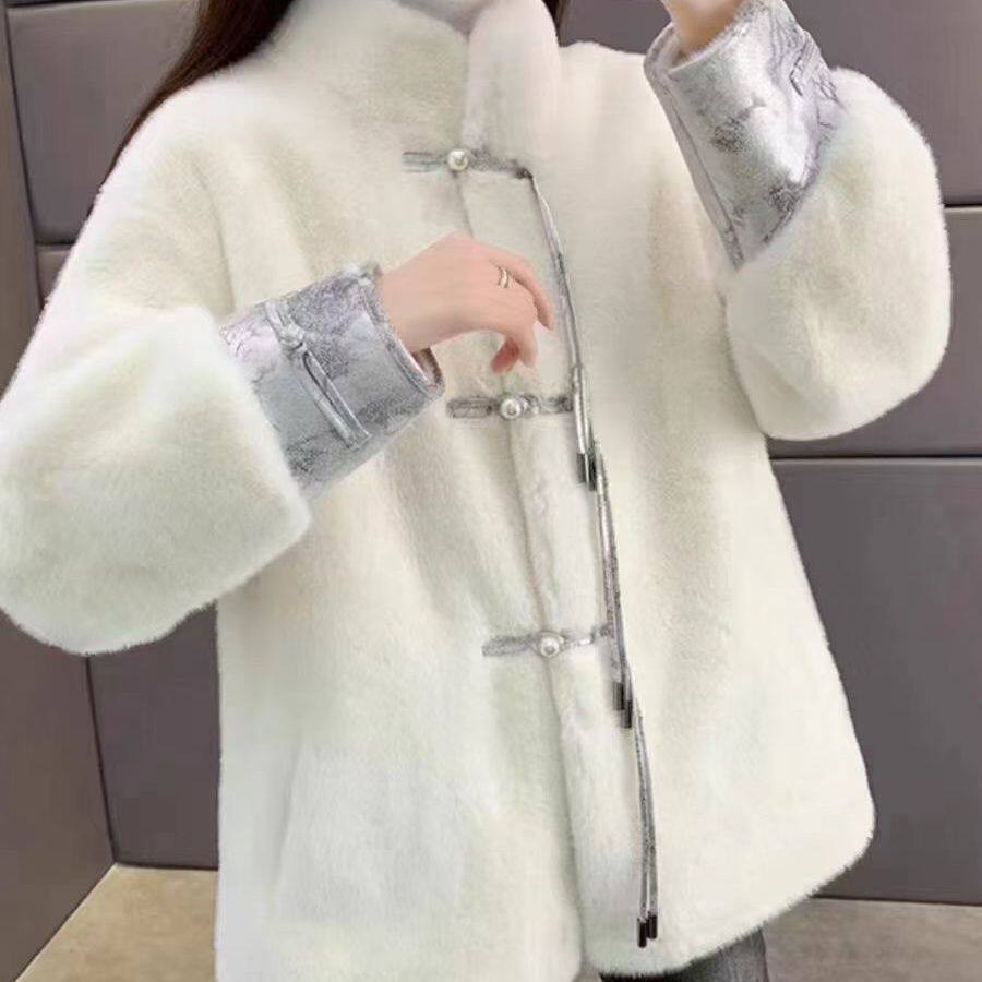 妈妈2025仿水貂绒中老年女仿皮草皮毛一体新中式国风秋冬新款外套