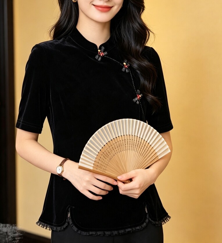 新中式彩色盘扣短袖丝绒上衣衬衫2026秋季时尚显瘦洋气立领t恤