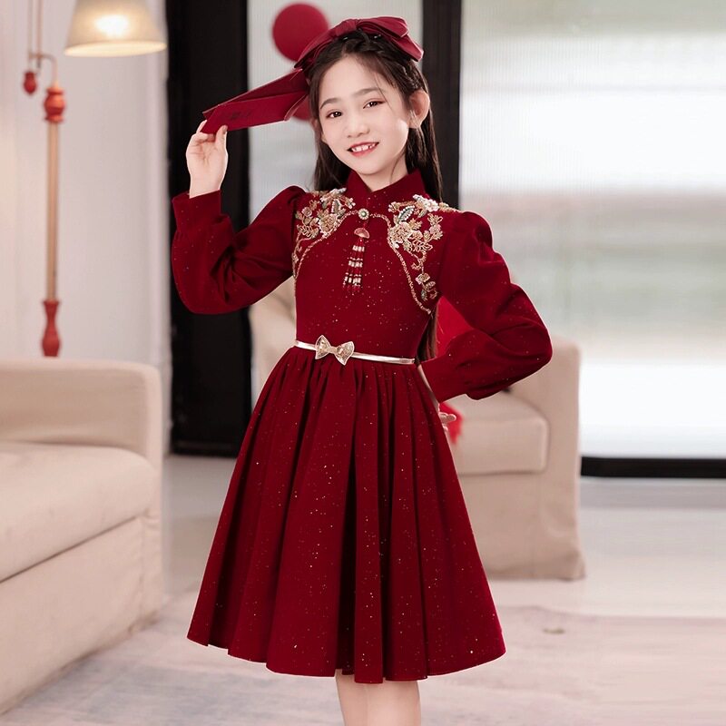 女童红色公主裙表演拜年服花童婚礼小女孩生日公主裙儿童新年裙子